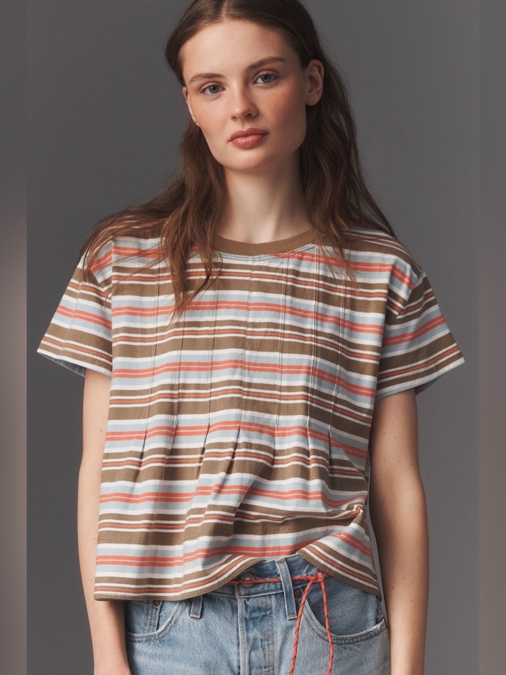 Pilcro Striped Peplum Short-Sleeve Top in Brown & Blue - Women's Size Large